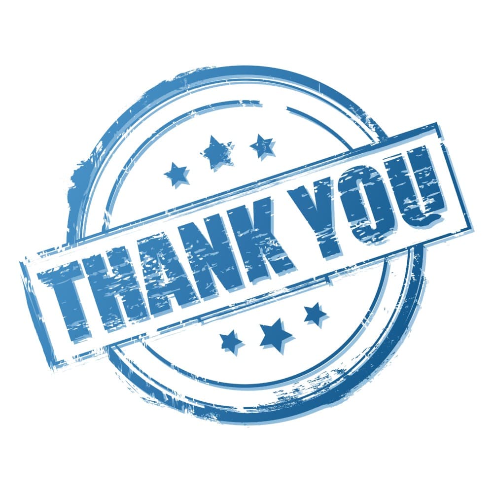 A blue, circular stamp graphic with the words THANK YOU in bold capital letters. The stamp has a distressed, grunge texture and features small stars above and below the text.