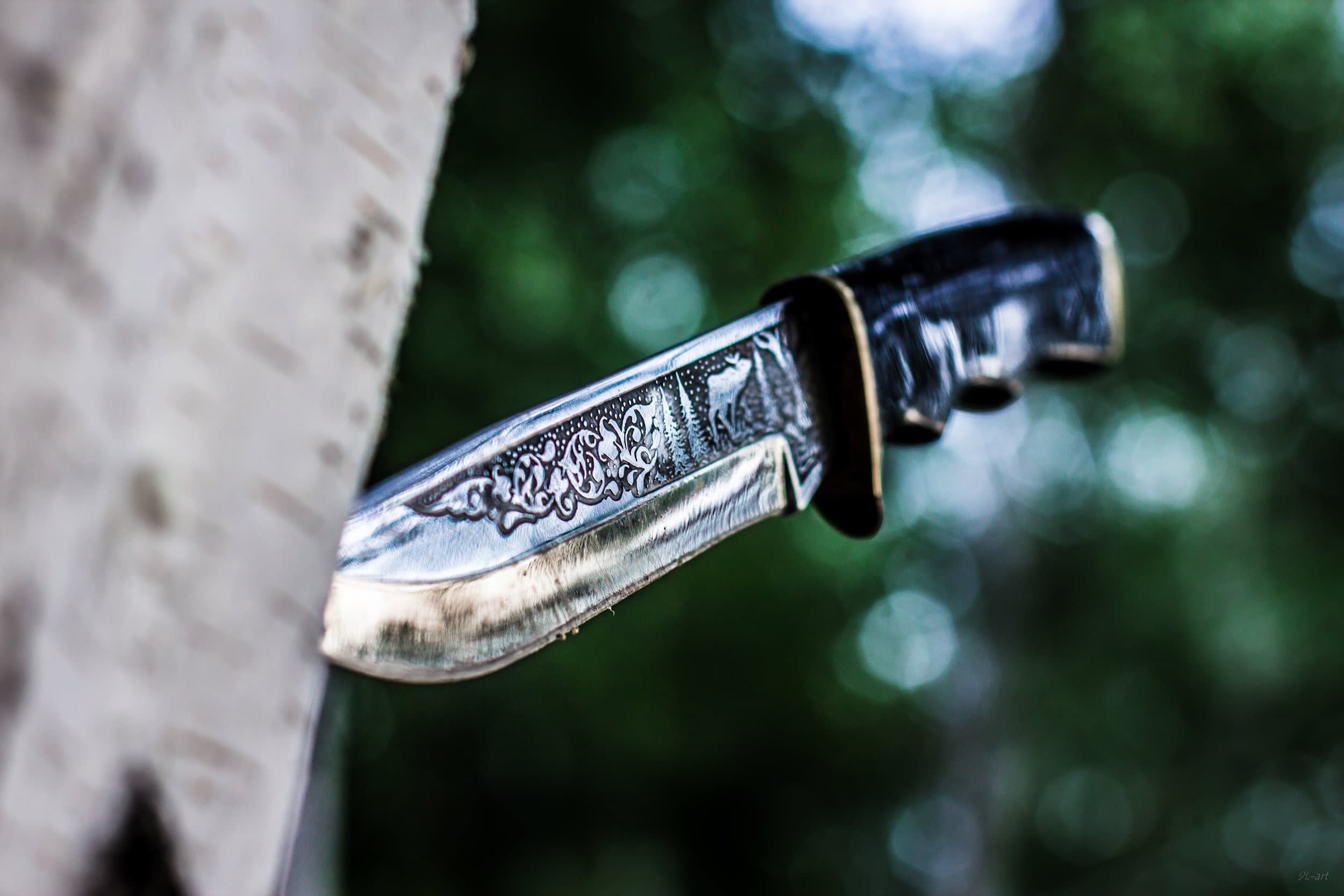 attachment-5d688a46380fbf000152abf4 A detailed, ornate knife is embedded in the side of a tree trunk, with a blurred green and white natural background.