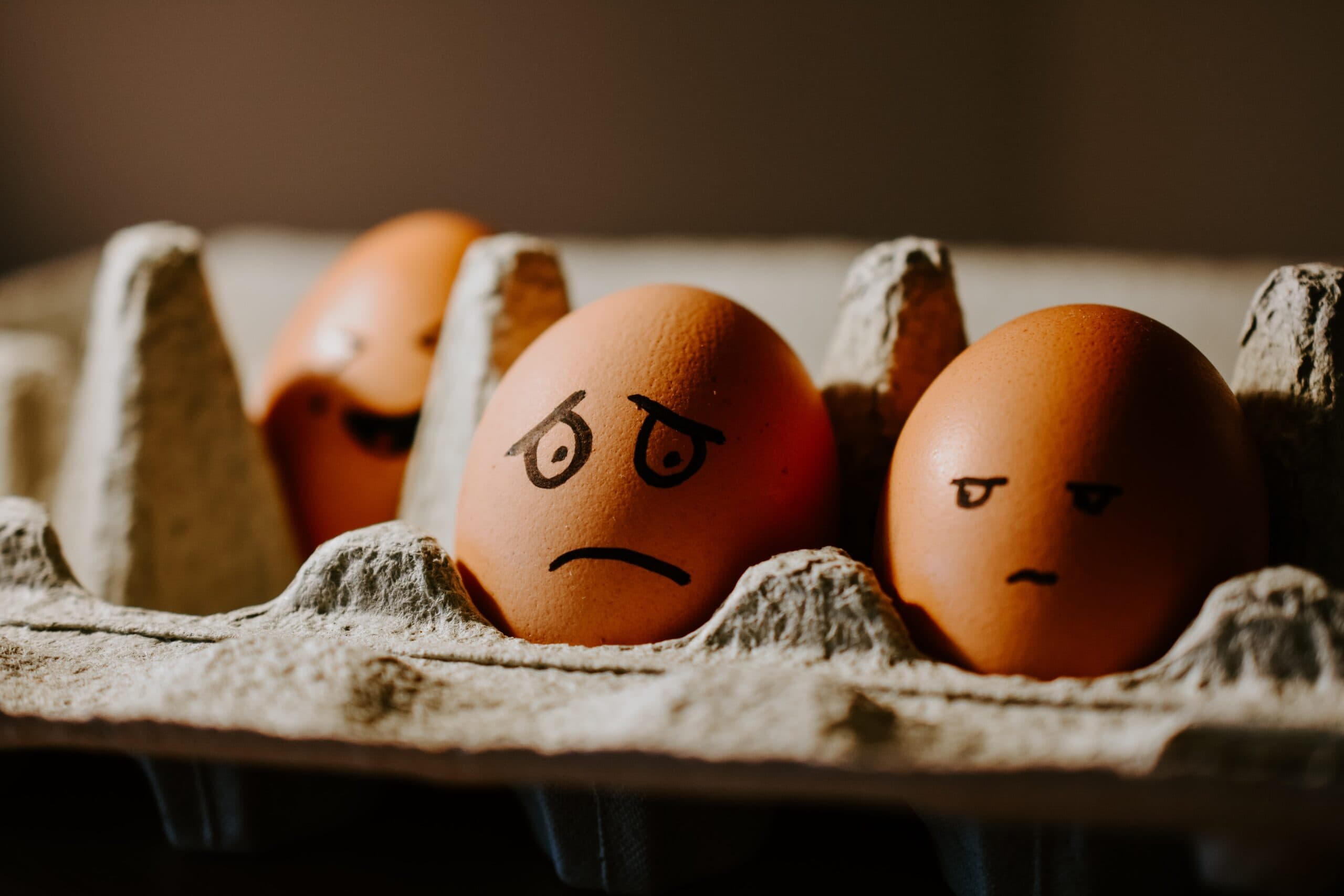 hello-i-m-nik-LUYD2b7MNrg-unsplash Three brown eggs in a carton, each with a drawn face showing different emotions: one smiling, one looking sad or worried, and one appearing skeptical or unimpressed.
