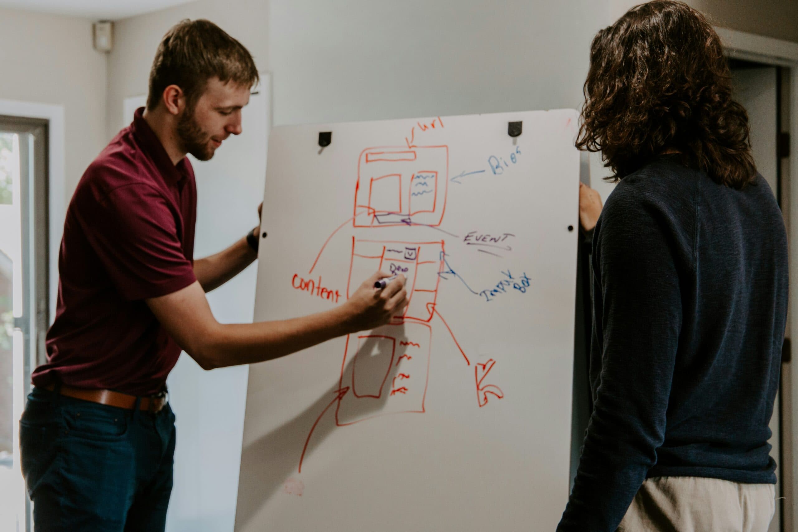 kaleidico-7lryofJ0H9s-unsplash Two people stand by a whiteboard. One person is drawing diagrams and writing notes with a marker while explaining ideas to the other, who listens attentively. The board features arrows, boxes, and handwritten labels.