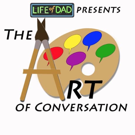 artandryan podcast Logo for Life of Dad Presents: The Art of Conversation featuring a paint palette with colorful speech bubbles and paintbrushes forming the letter A in ART.