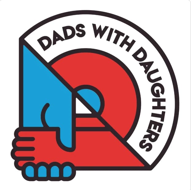 daughters podcast A stylized logo features a blue hand holding a red circle, with the words Dads With Daughters curved around the upper right side of the image. The design uses bold lines and simple shapes.