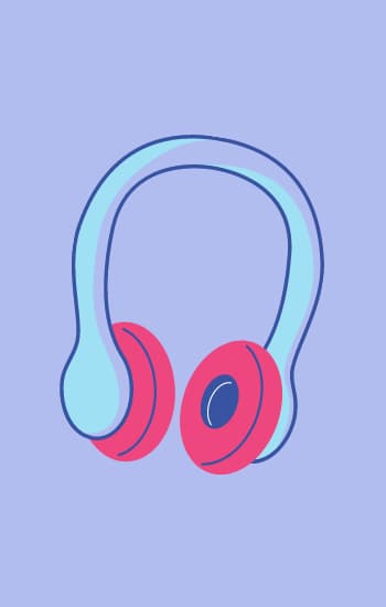 listen A simple illustration of over-ear headphones with light blue headband and bright pink ear cushions, set against a light purple background.
