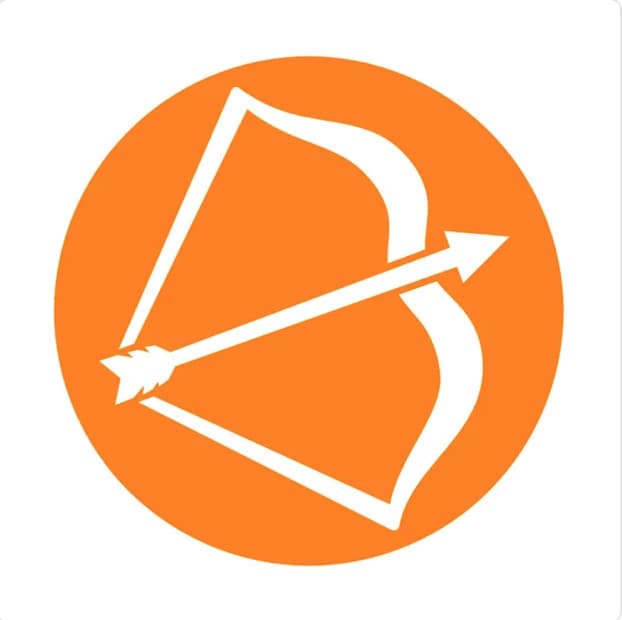scottperry podcast A white bow with an arrow drawn across it, depicted inside a solid orange circle on a white background.