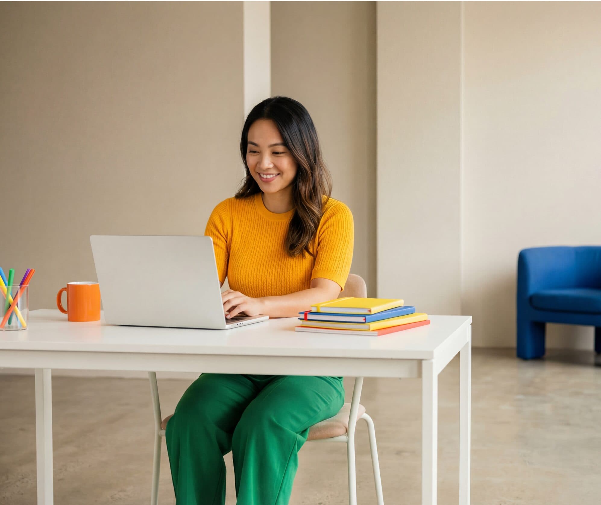 A woman in a yellow top and green pants sits at a white desk, smiling while using a laptop. The desk has colorful books, a mug, and pens. A blue chair is visible in the background.