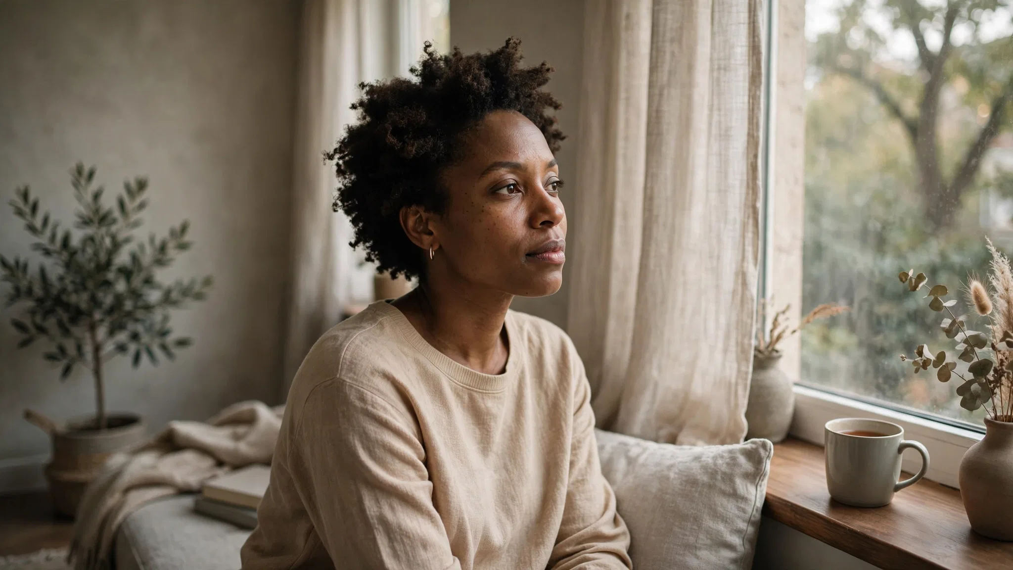 image-2026-09-23T20-07-29-558Z A woman with short curly hair sits indoors by a window, looking thoughtfully outside. She wears a beige sweater and is surrounded by neutral-toned decor and soft natural light.