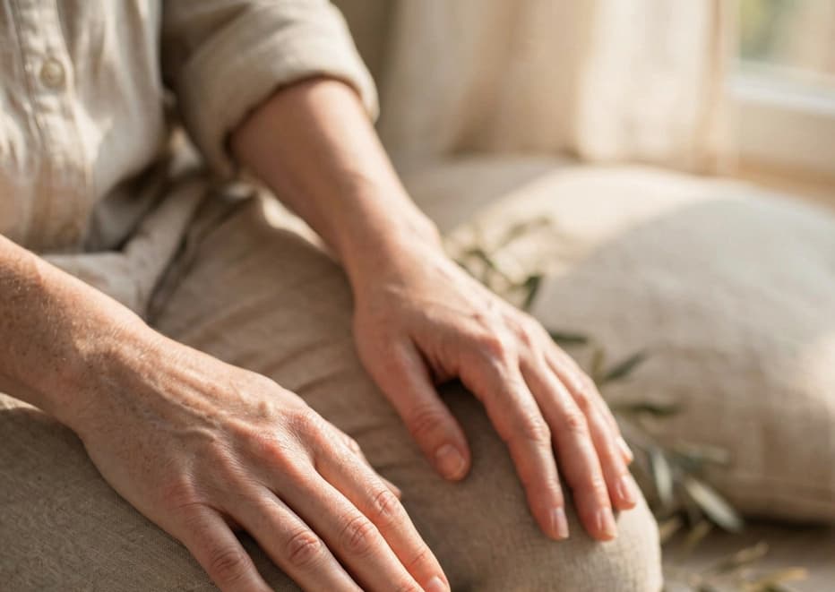 Close-up of a person’s hands resting on their lap, wearing light-colored, textured clothing. Soft natural light and greenery set a calm scene—capturing the quiet moments of reflection behind why I meditate.