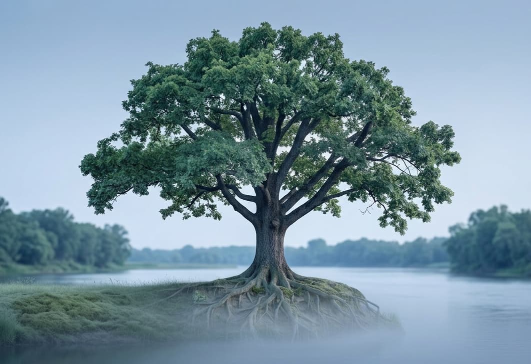 A large, leafy tree with exposed roots stands alone on a small grassy island surrounded by calm water, offering a tranquil scene ideal for reflection—perfect for ADHD executive functioning coaching sessions.
